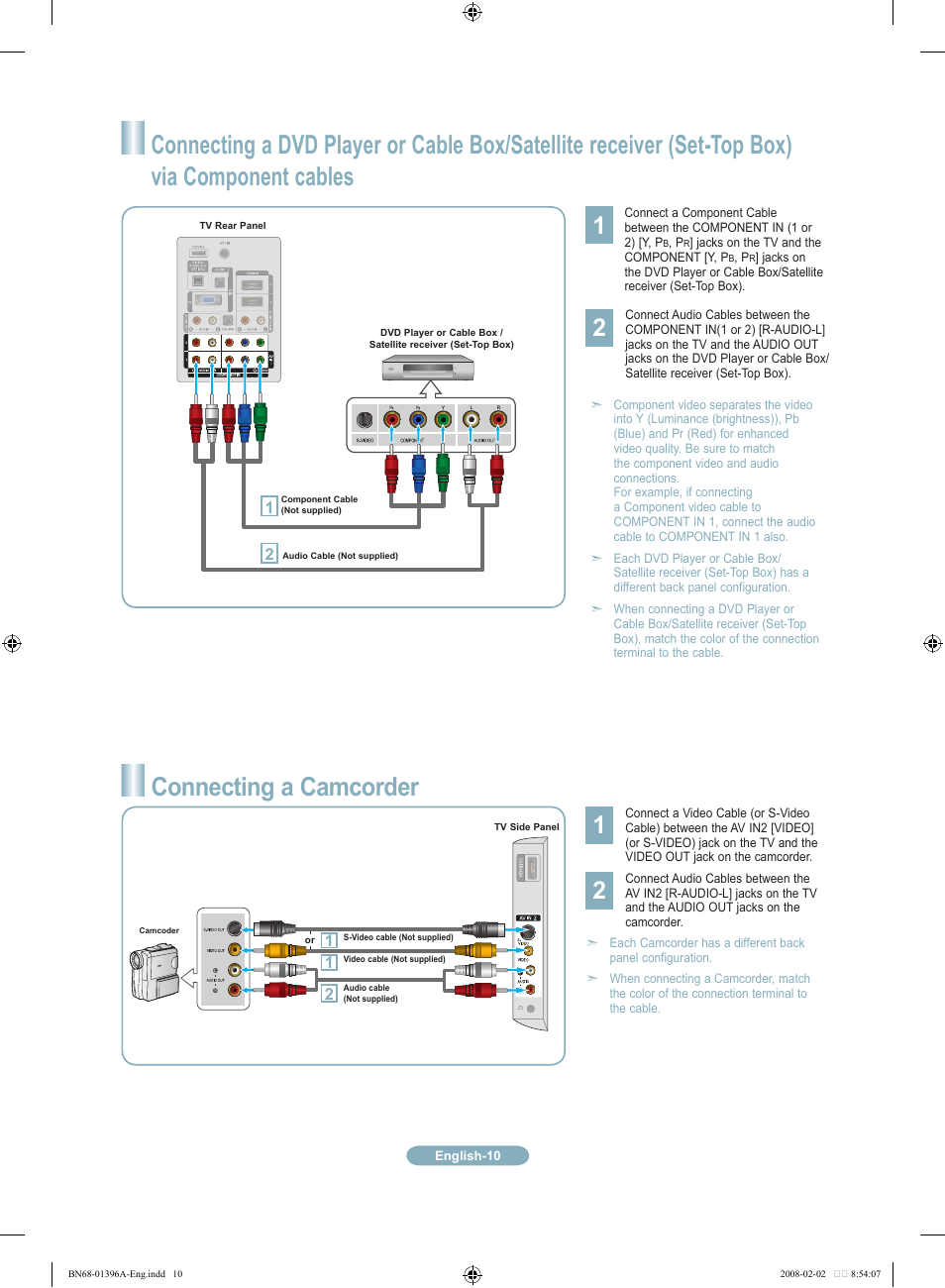 Connecting a camcorder | Samsung LN37A450C1DXZA User Manual | Page 10 / 18