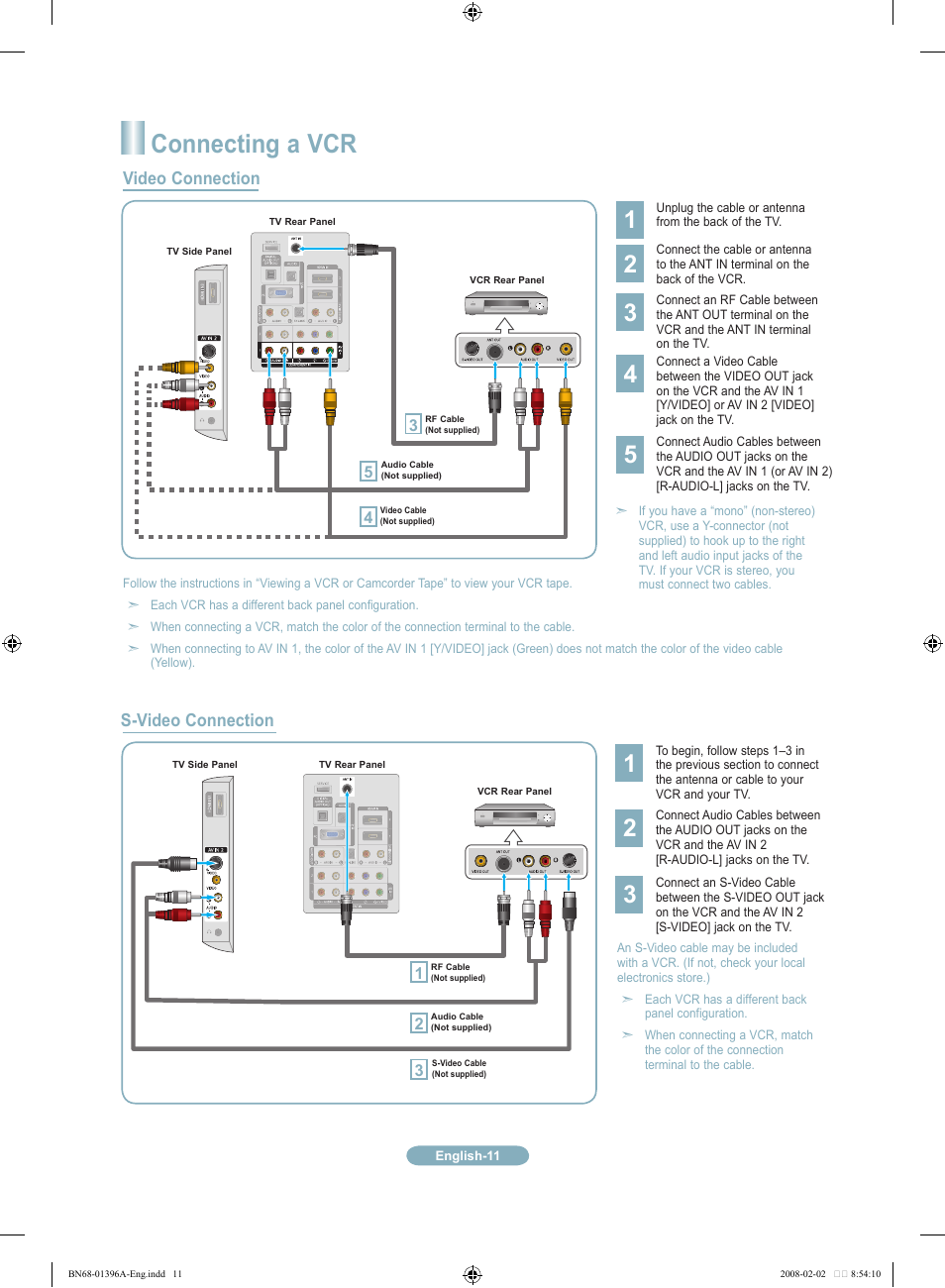 Connecting a vcr, Video connection s-video connection | Samsung LN37A450C1DXZA User Manual | Page 11 / 18