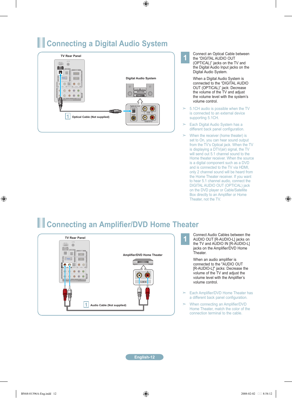Connecting a digital audio system, Connecting an amplifier/dvd home theater | Samsung LN37A450C1DXZA User Manual | Page 12 / 18