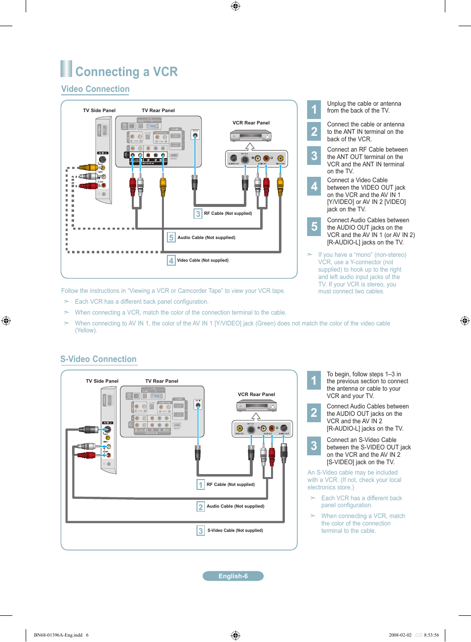Connecting a vcr, Video connection s-video connection | Samsung LN37A450C1DXZA User Manual | Page 6 / 18