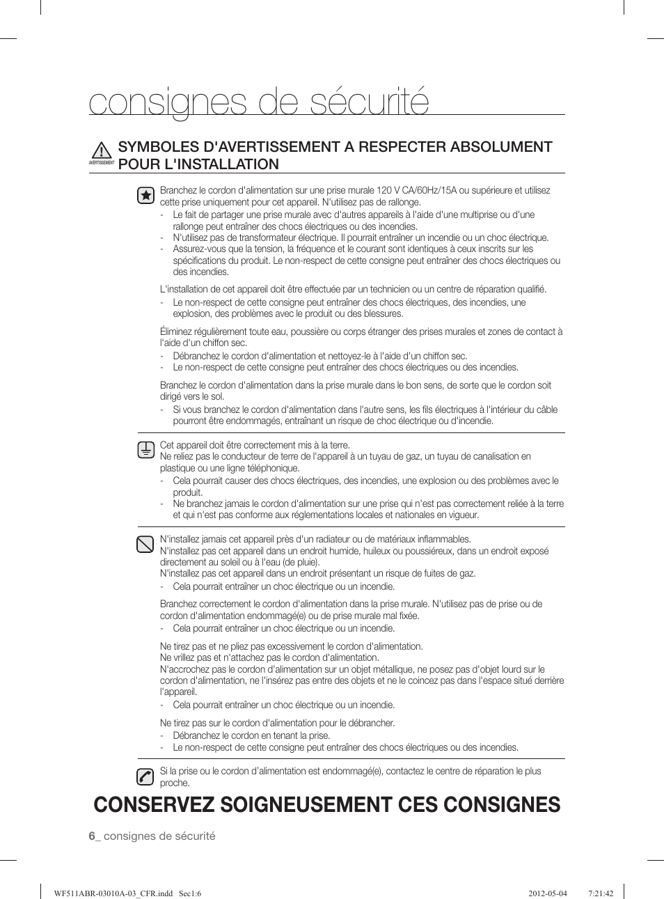 Consignes de sécurité, Conservez soigneusement ces consignes | Samsung WF511ABR-XAA User Manual | Page 94 / 132