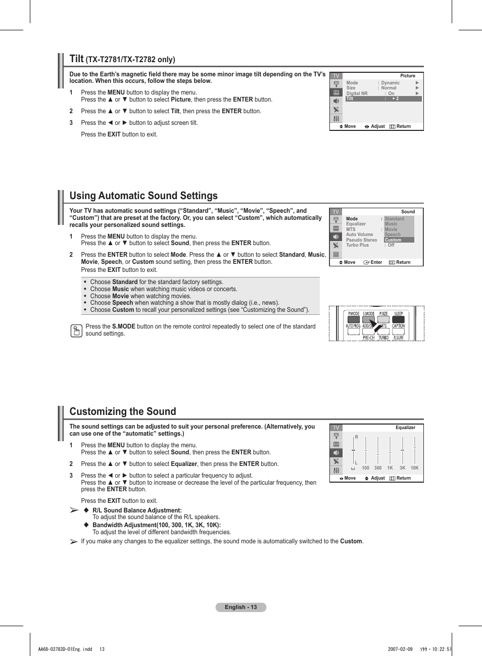 Tilt (tx-t2781/tx-t2782 only), Using automatic sound settings, Customizing the sound | Tilt | Samsung TXT2082X-XAA User Manual | Page 13 / 24