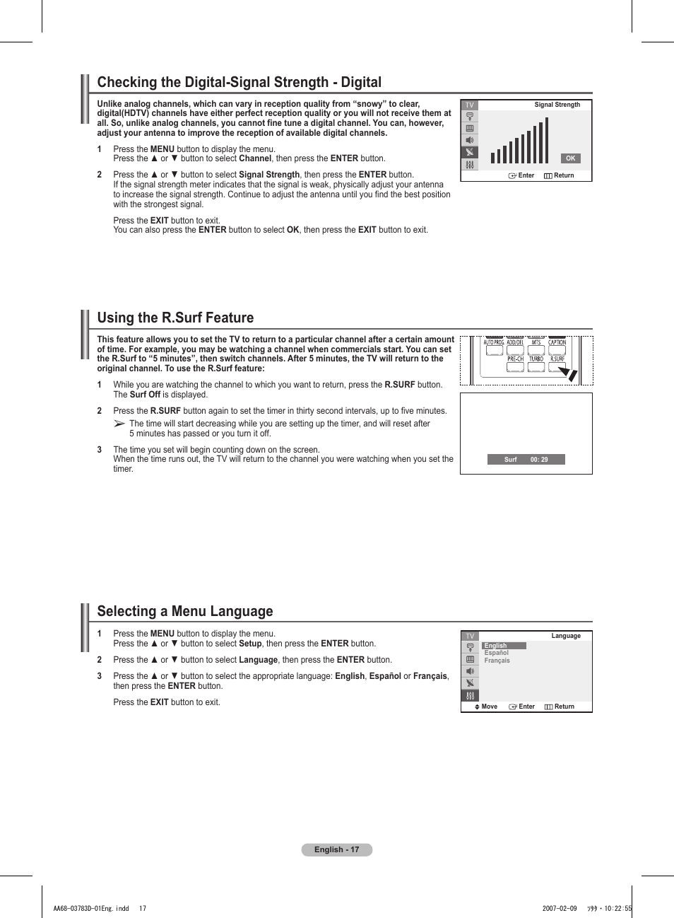 Checking the digital-signal strength - digital, Using the r.surf feature, Selecting a menu language | Samsung TXT2082X-XAA User Manual | Page 17 / 24