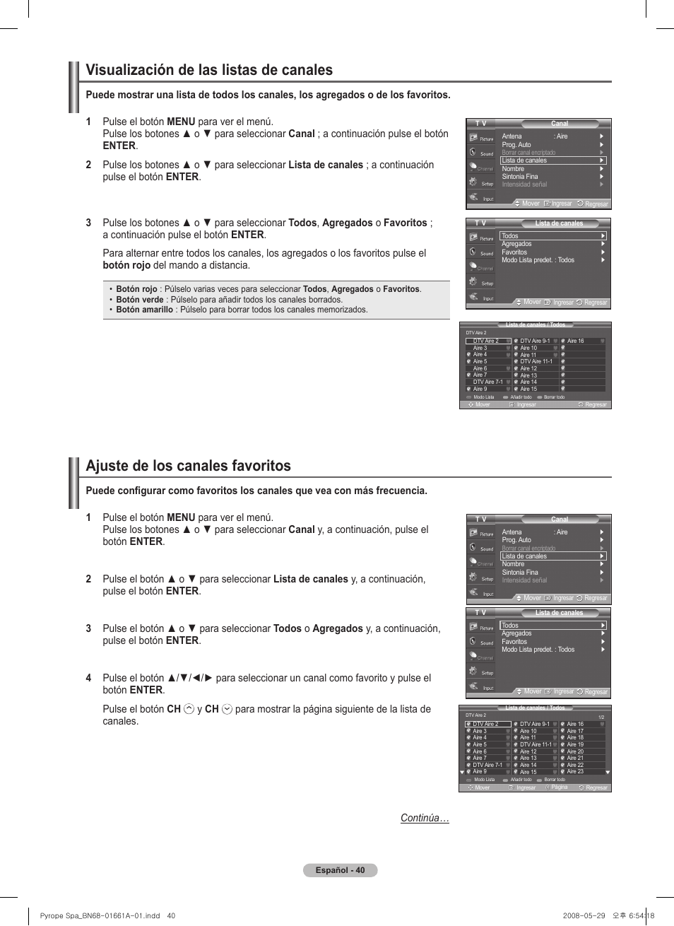 Visualización de las listas de canales, Ajuste de los canales favoritos | Samsung PN50A460S4DXZA User Manual | Page 114 / 150