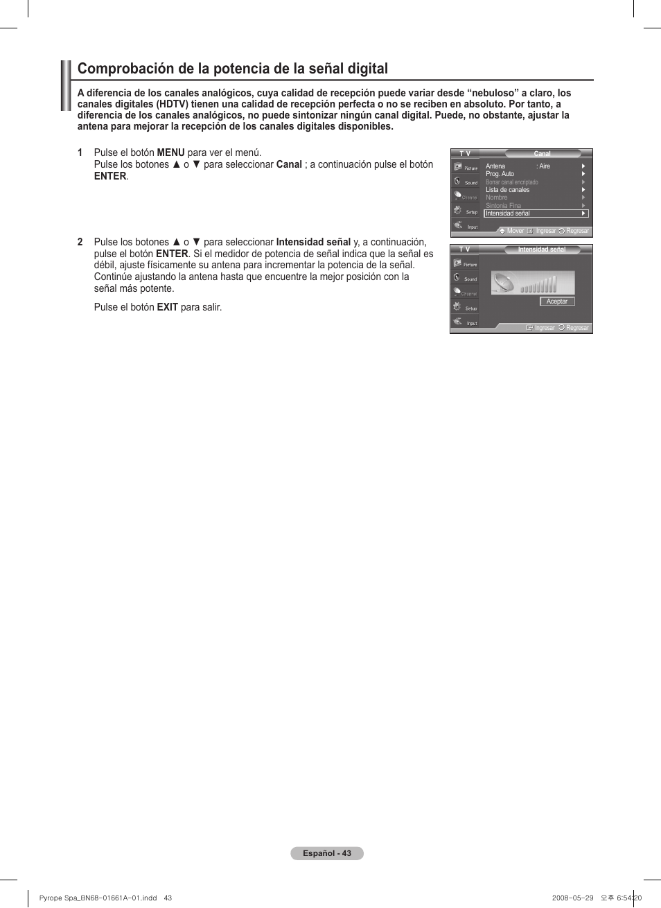 Comprobación de la potencia de la señal digital | Samsung PN50A460S4DXZA User Manual | Page 117 / 150