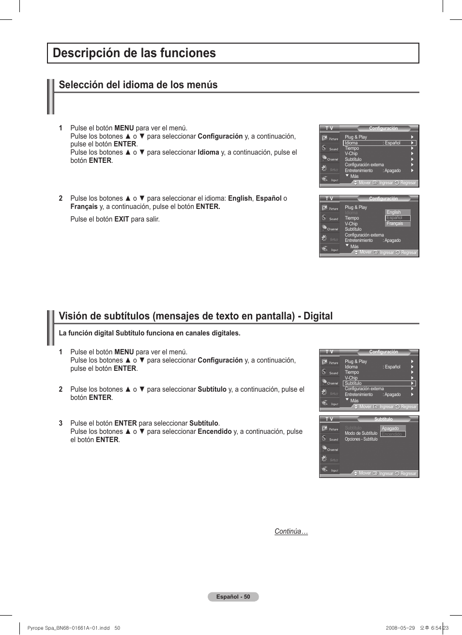 Descripción de las funciones, Selección del idioma de los menús | Samsung PN50A460S4DXZA User Manual | Page 124 / 150