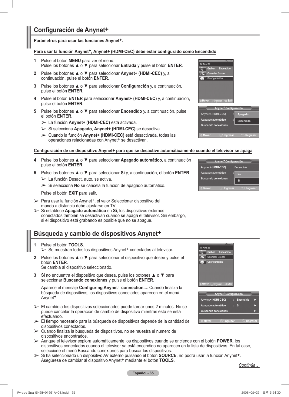 Configuración de anynet, Búsqueda y cambio de dispositivos anynet | Samsung PN50A460S4DXZA User Manual | Page 139 / 150