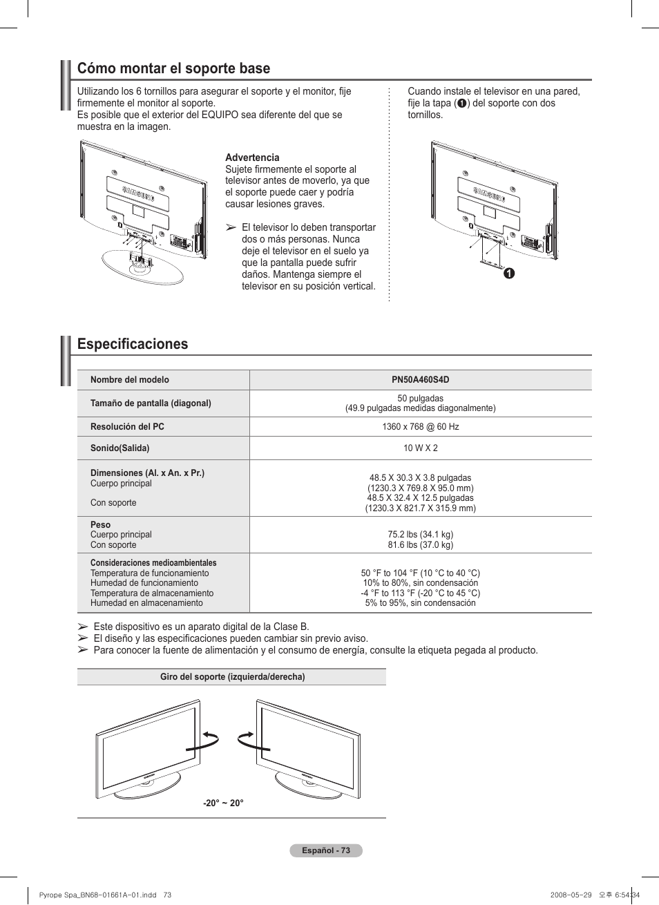 Cómo montar el soporte base, Especificaciones | Samsung PN50A460S4DXZA User Manual | Page 147 / 150