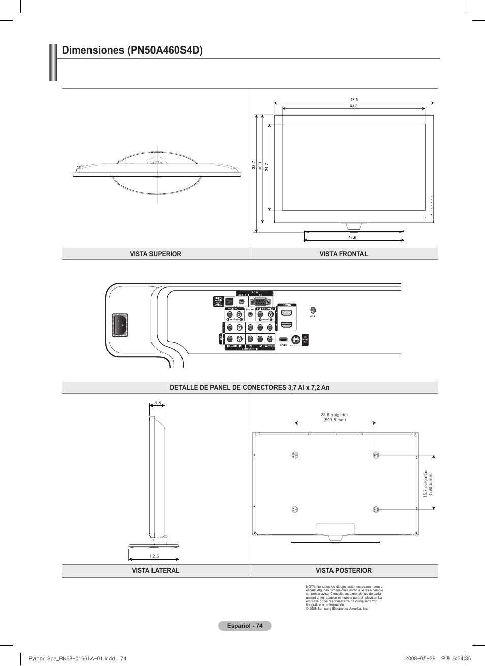Esta página se ha dejado en blanco expresamente, Dimensiones (pn50a0sd) | Samsung PN50A460S4DXZA User Manual | Page 148 / 150