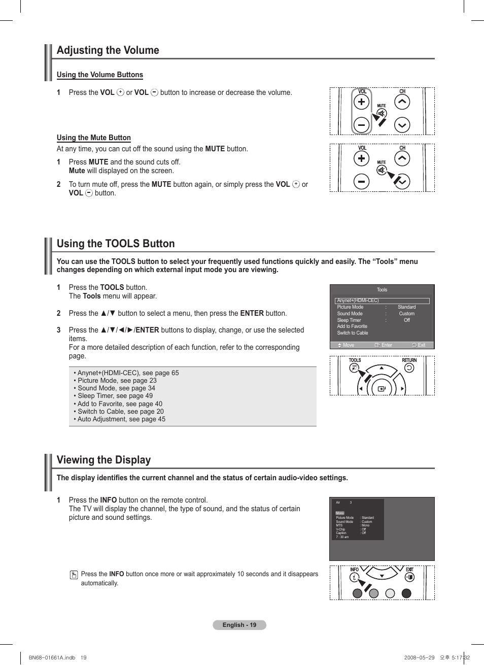 Adjusting the volume, Using the tools button, Viewing the display | Samsung PN50A460S4DXZA User Manual | Page 19 / 150