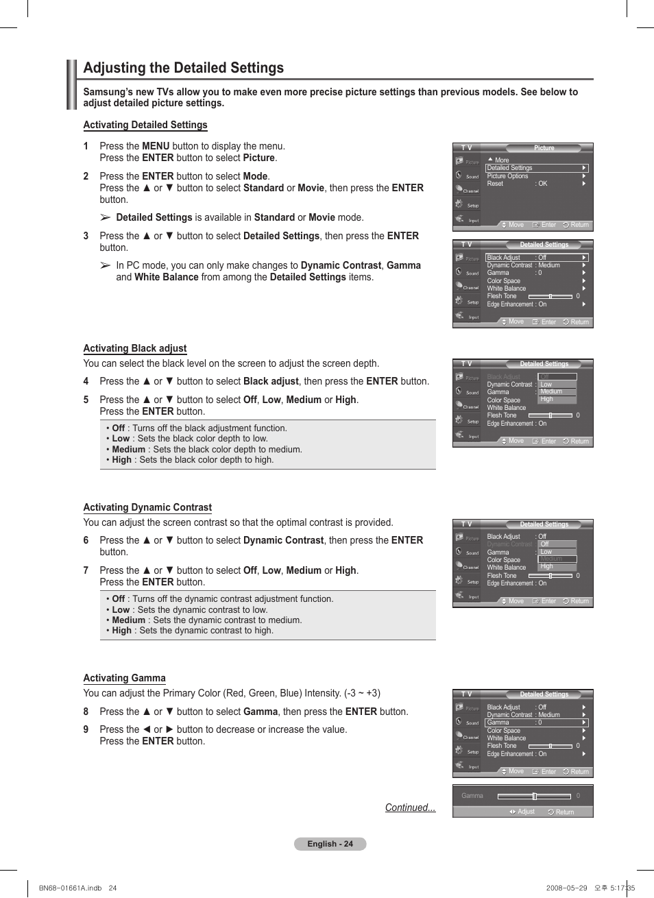 Adjusting the detailed settings | Samsung PN50A460S4DXZA User Manual | Page 24 / 150