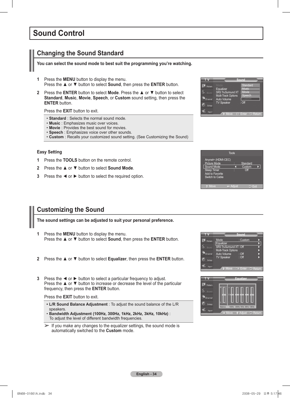 Sound control, Changing the sound standard, Customizing the sound | Samsung PN50A460S4DXZA User Manual | Page 34 / 150