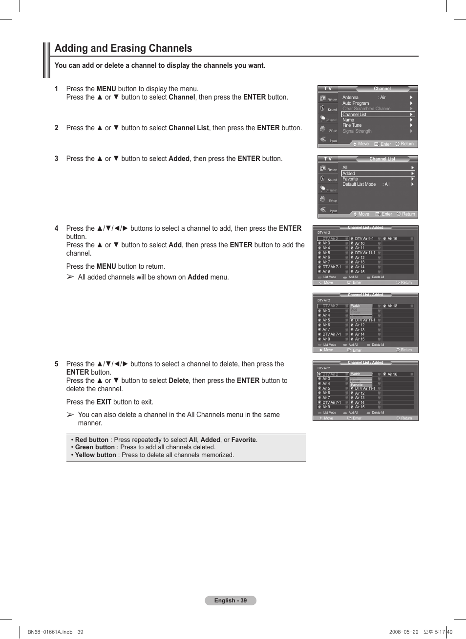 Adding and erasing channels | Samsung PN50A460S4DXZA User Manual | Page 39 / 150