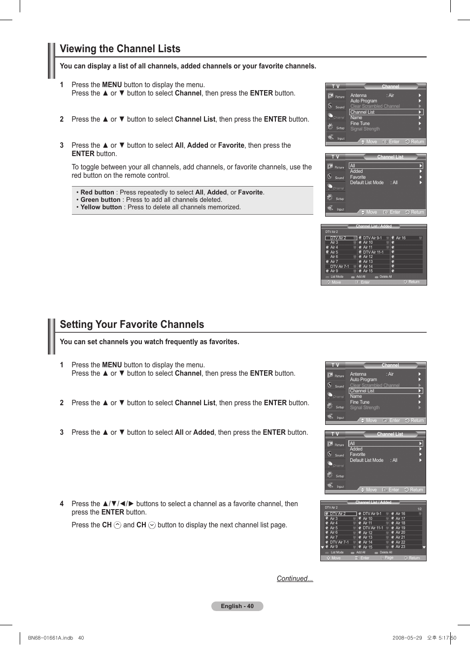 Viewing the channel lists, Setting your favorite channels | Samsung PN50A460S4DXZA User Manual | Page 40 / 150