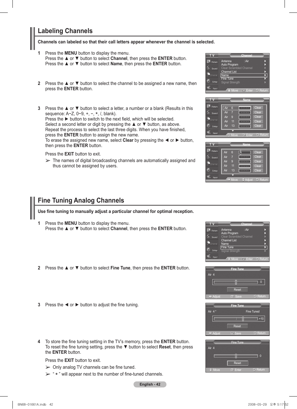 Labeling channels, Fine tuning analog channels, Only analog tv channels can be fine tuned | Samsung PN50A460S4DXZA User Manual | Page 42 / 150