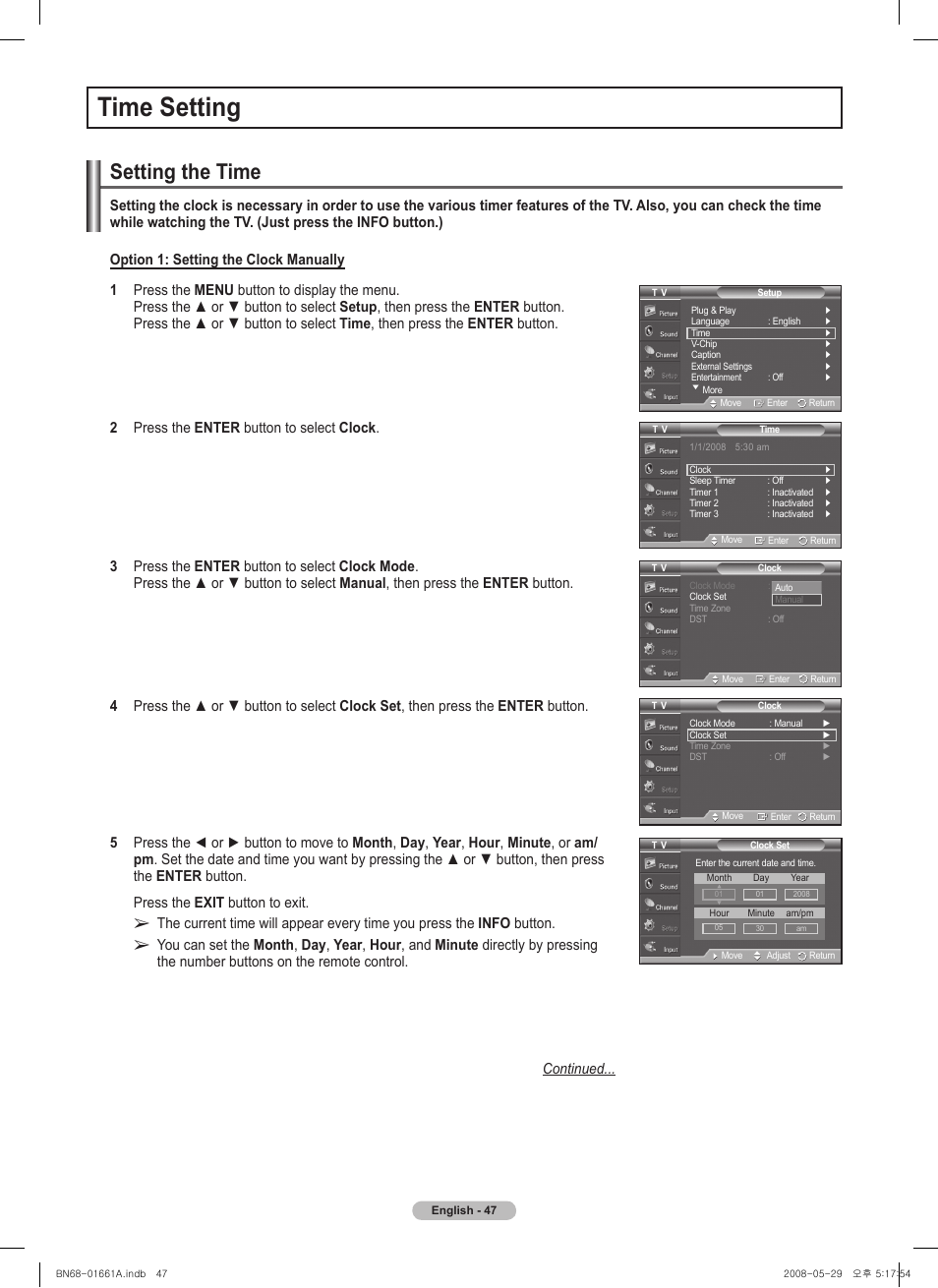 Time setting, Setting the time | Samsung PN50A460S4DXZA User Manual | Page 47 / 150