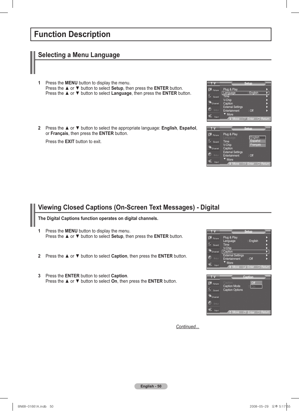 Function description, Selecting a menu language | Samsung PN50A460S4DXZA User Manual | Page 50 / 150