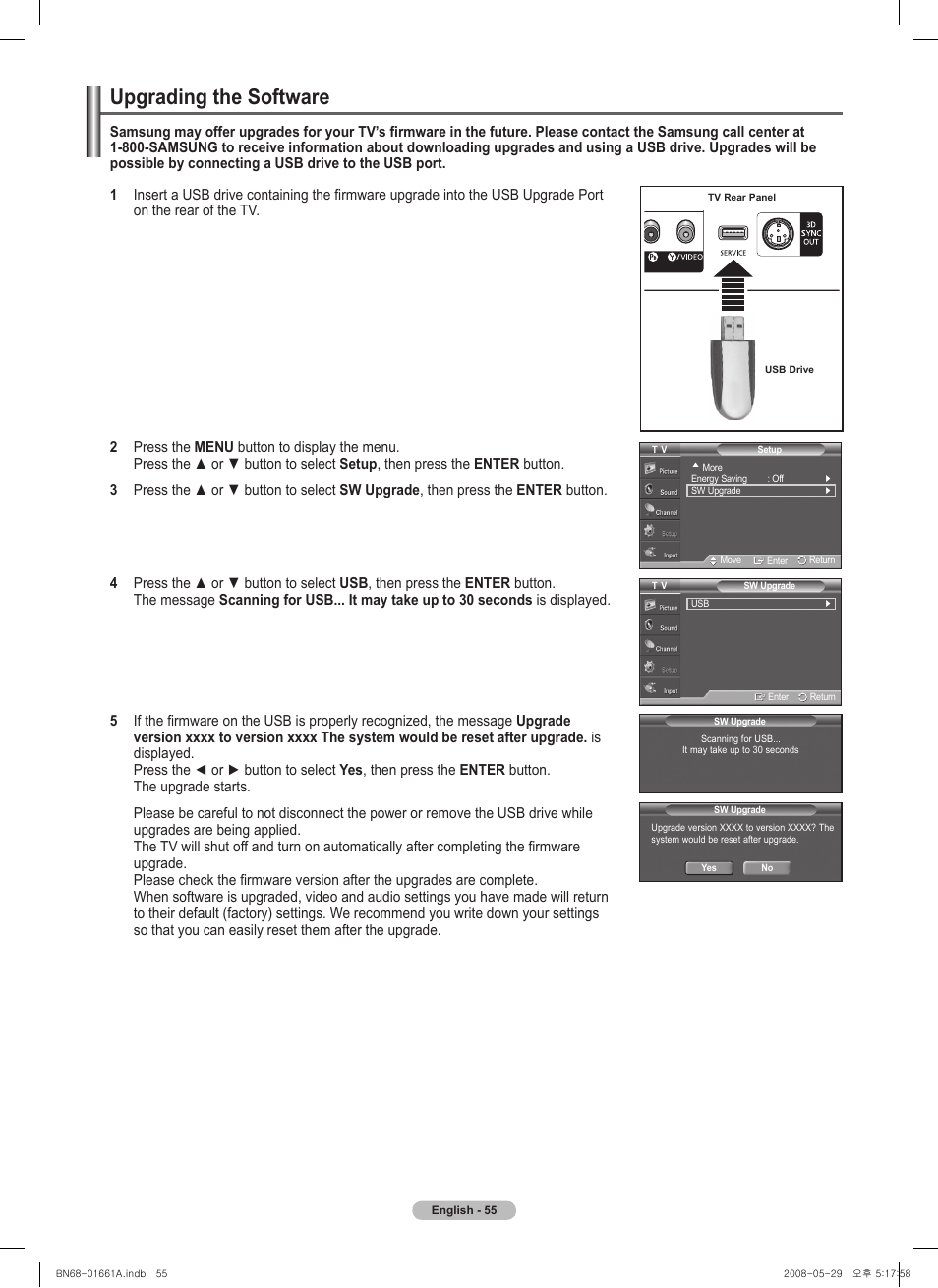 Upgrading the software | Samsung PN50A460S4DXZA User Manual | Page 55 / 150