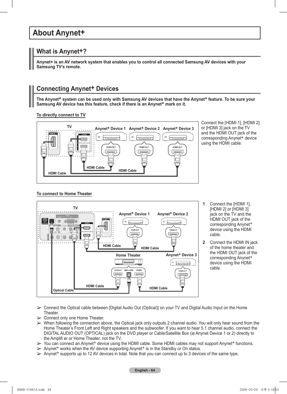 About anynet, What is anynet, Connecting anynet+ devices | Samsung PN50A460S4DXZA User Manual | Page 64 / 150