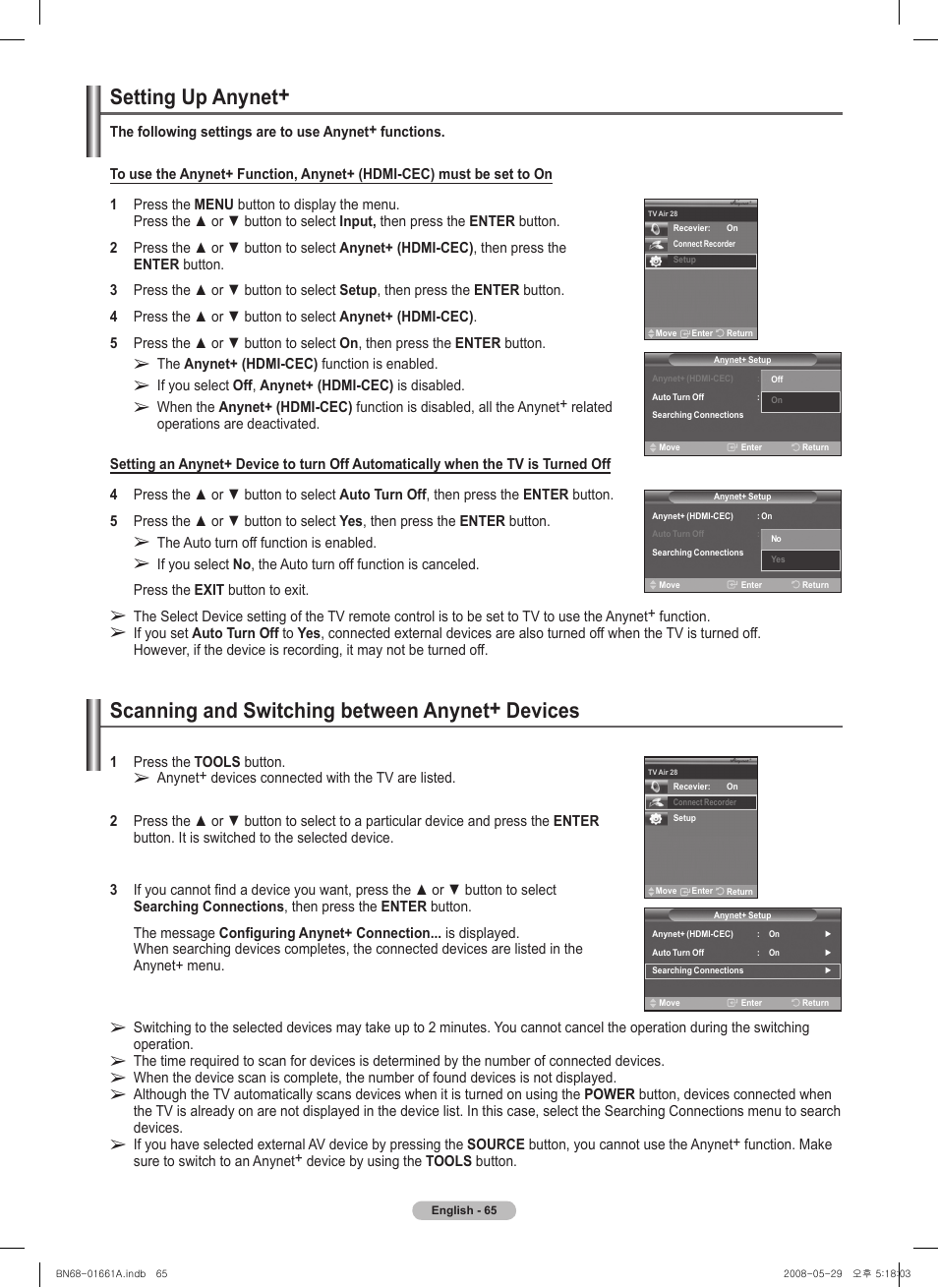 Setting up anynet, Scanning and switching between anynet+ devices | Samsung PN50A460S4DXZA User Manual | Page 65 / 150