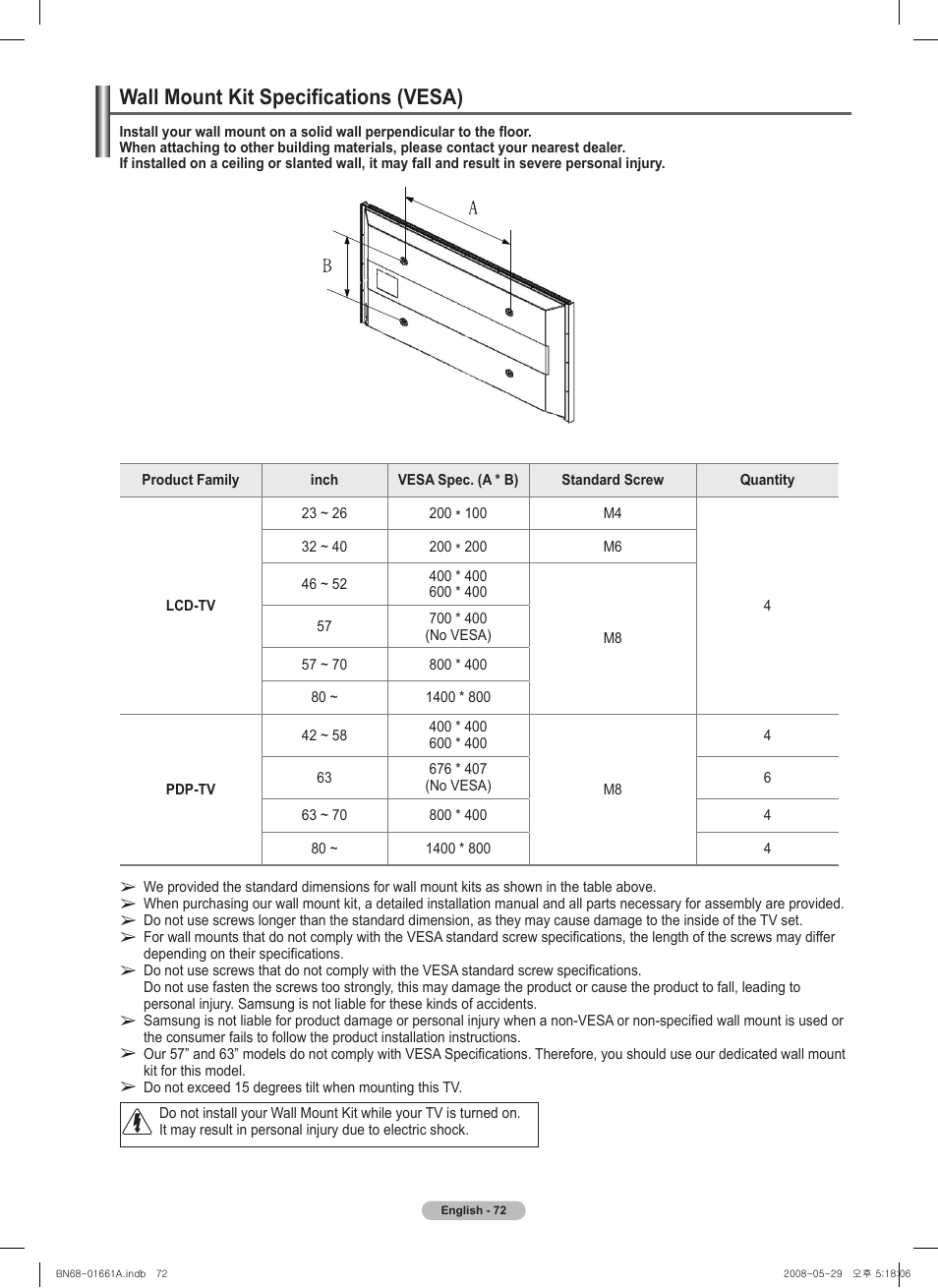 Wall mount kit specifications (vesa) | Samsung PN50A460S4DXZA User Manual | Page 72 / 150