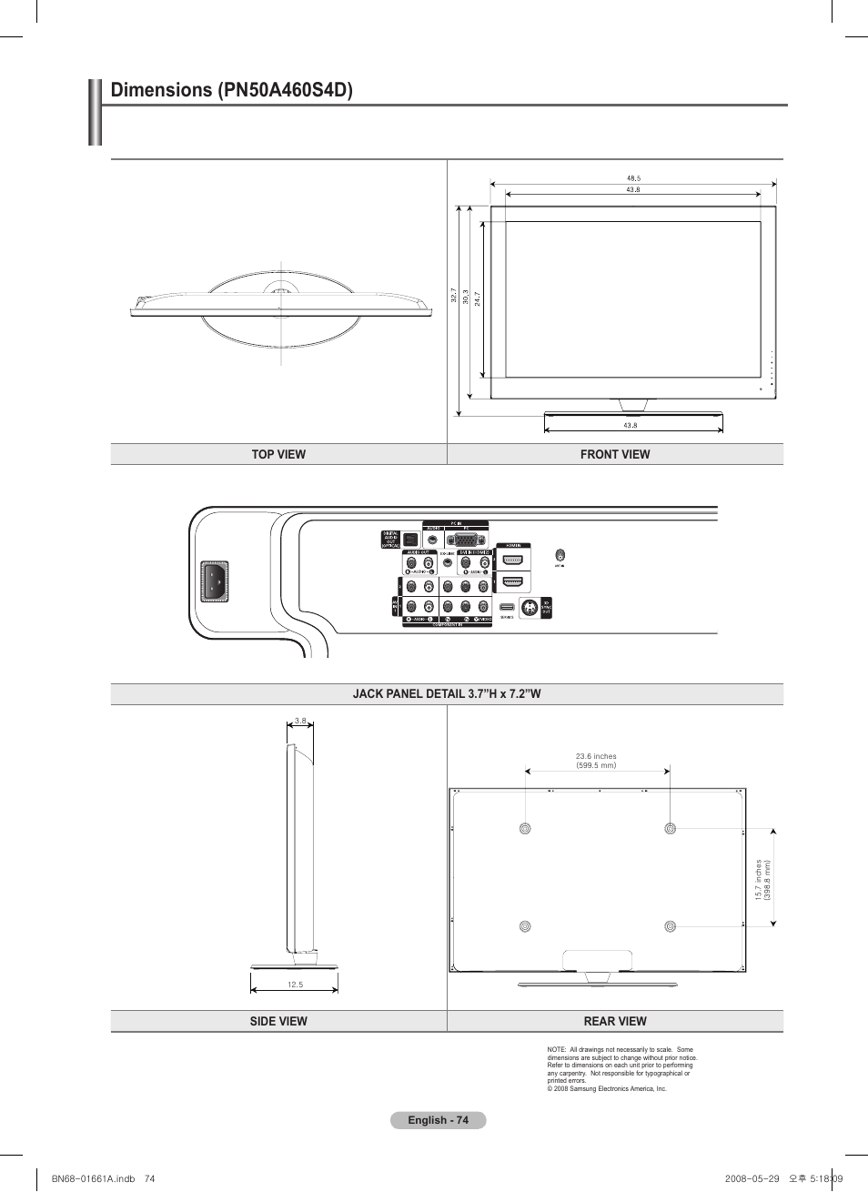 Dimensions (pn50a460s4d), This page is intentionally left blank | Samsung PN50A460S4DXZA User Manual | Page 74 / 150