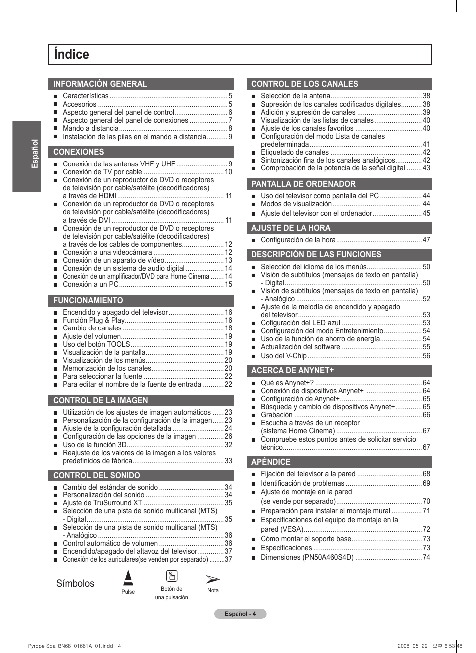 Índice, Símbolos | Samsung PN50A460S4DXZA User Manual | Page 78 / 150