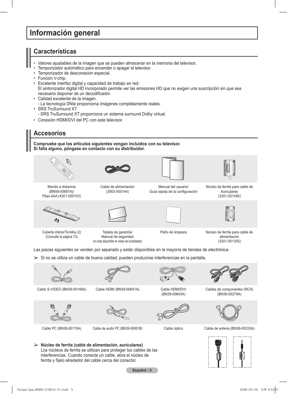 Información general, Características, Accesorios | Samsung PN50A460S4DXZA User Manual | Page 79 / 150