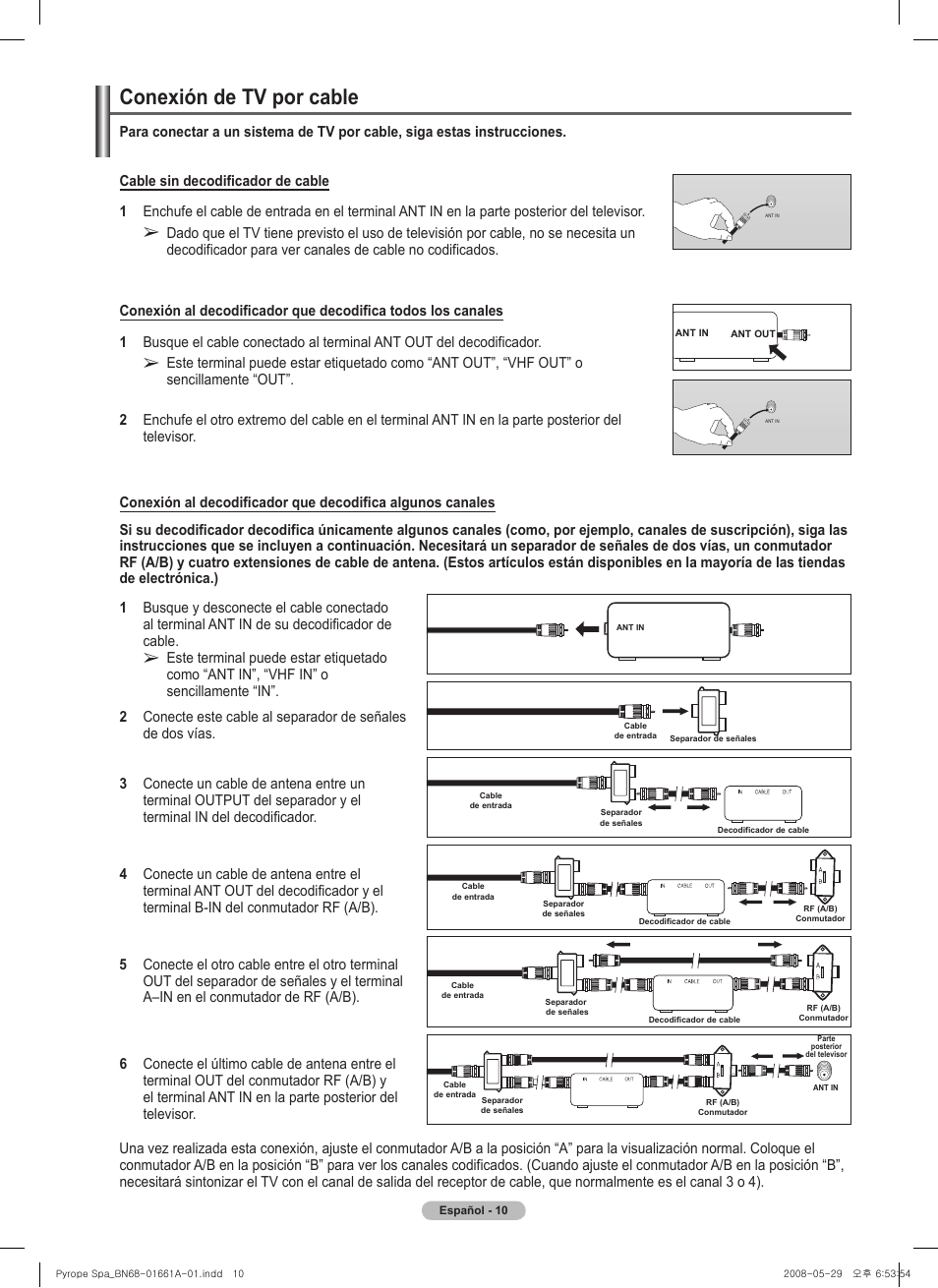 Conexión de tv por cable | Samsung PN50A460S4DXZA User Manual | Page 84 / 150