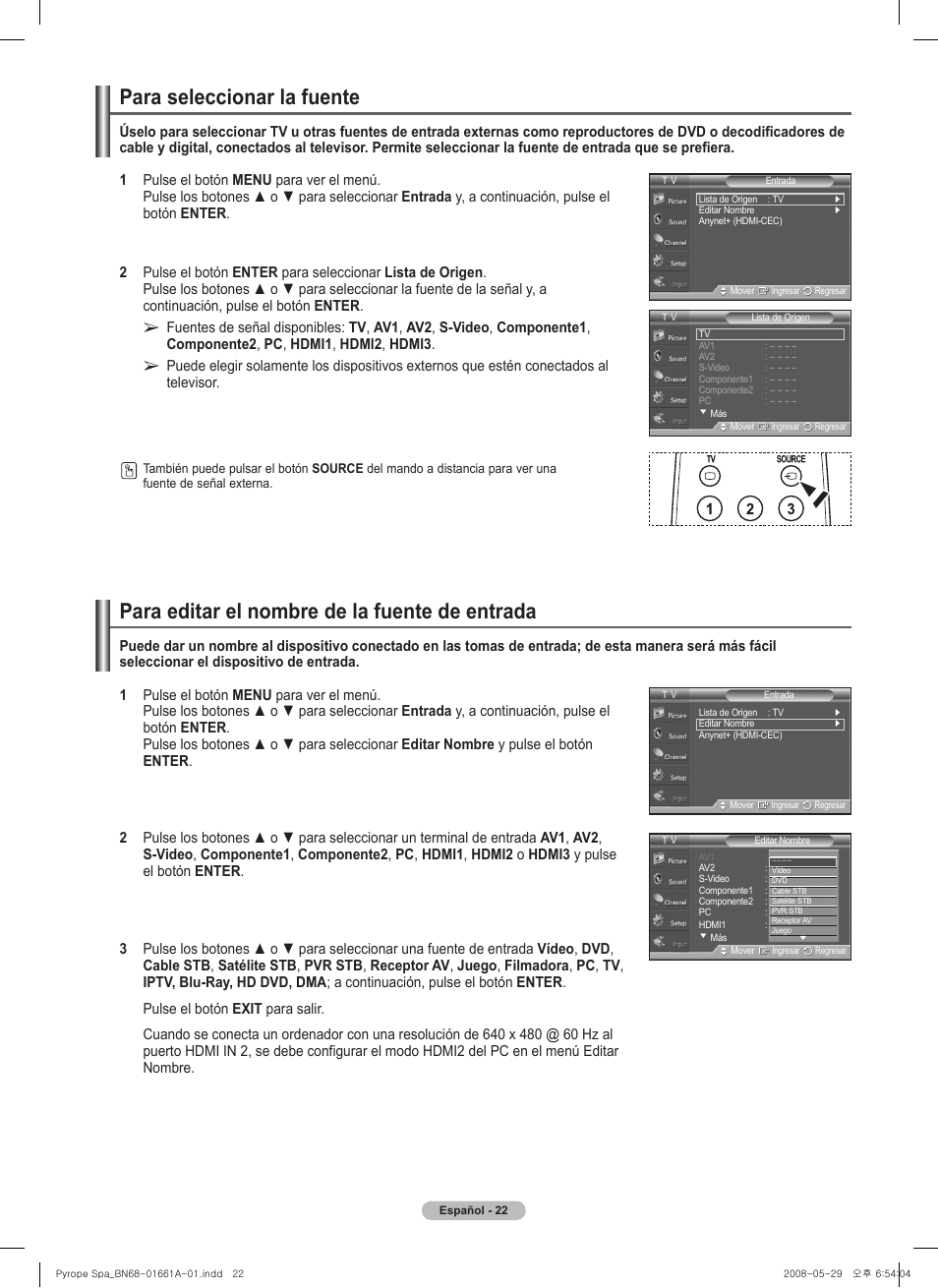 Para seleccionar la fuente, Para editar el nombre de la fuente de entrada | Samsung PN50A460S4DXZA User Manual | Page 96 / 150