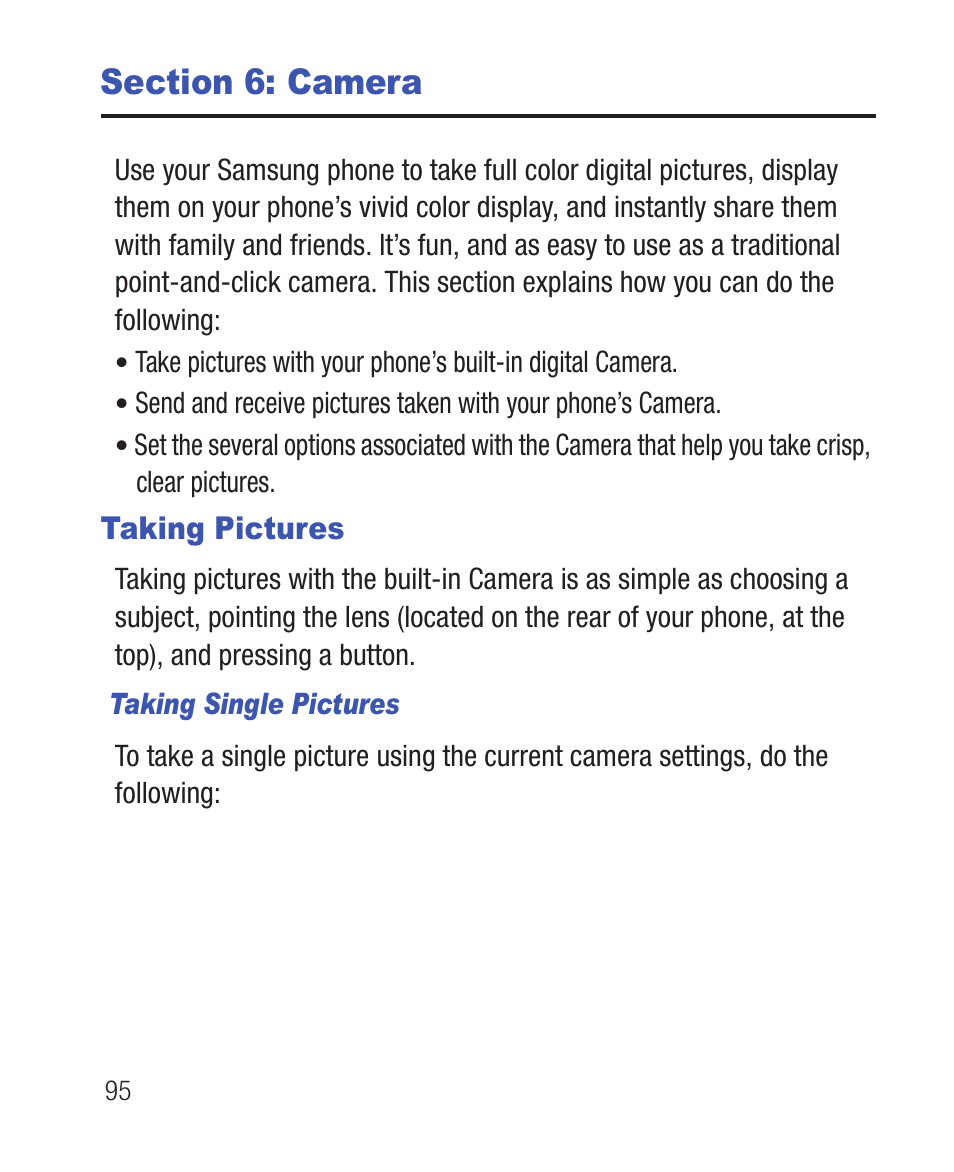 Section 6: camera, Taking pictures, Taking single pictures | Samsung SWC-R640LBAXAR User Manual | Page 100 / 250
