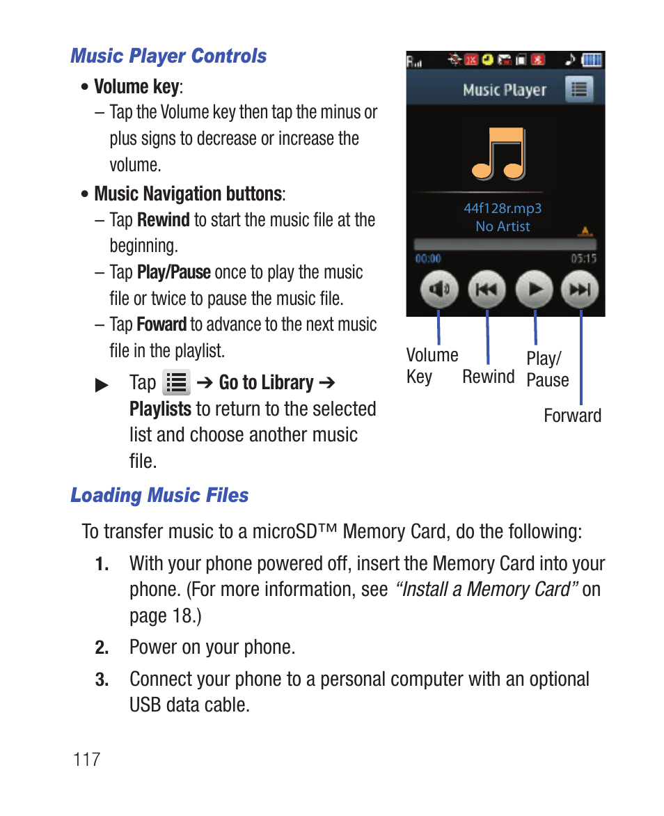 Music player controls, Loading music files | Samsung SWC-R640LBAXAR User Manual | Page 122 / 250