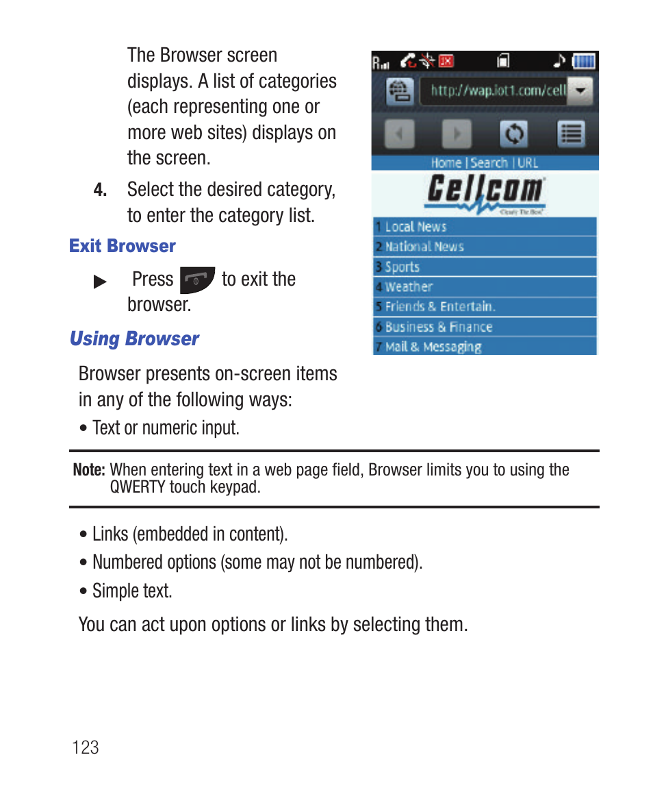 Exit browser, Using browser | Samsung SWC-R640LBAXAR User Manual | Page 128 / 250