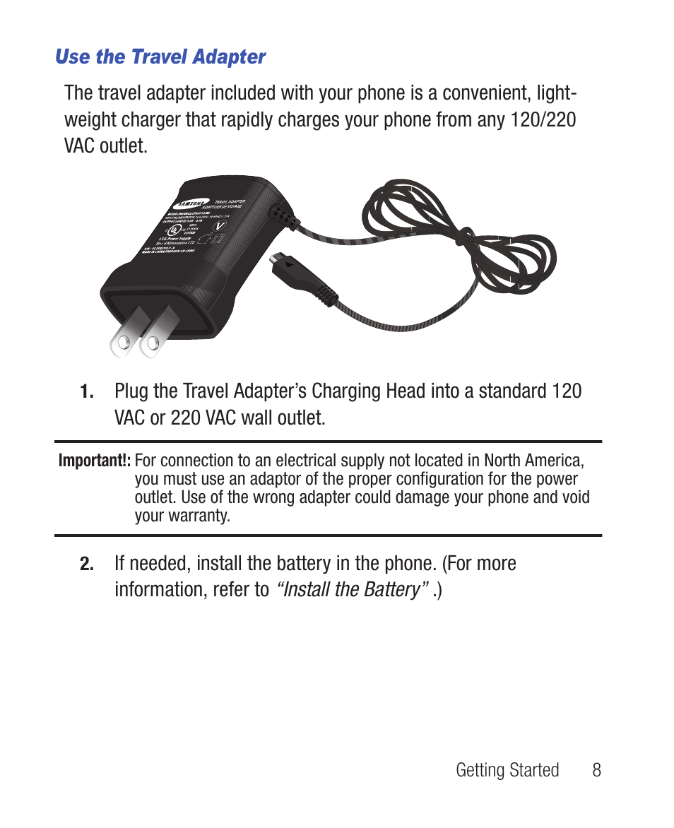 Use the travel adapter | Samsung SWC-R640LBAXAR User Manual | Page 13 / 250