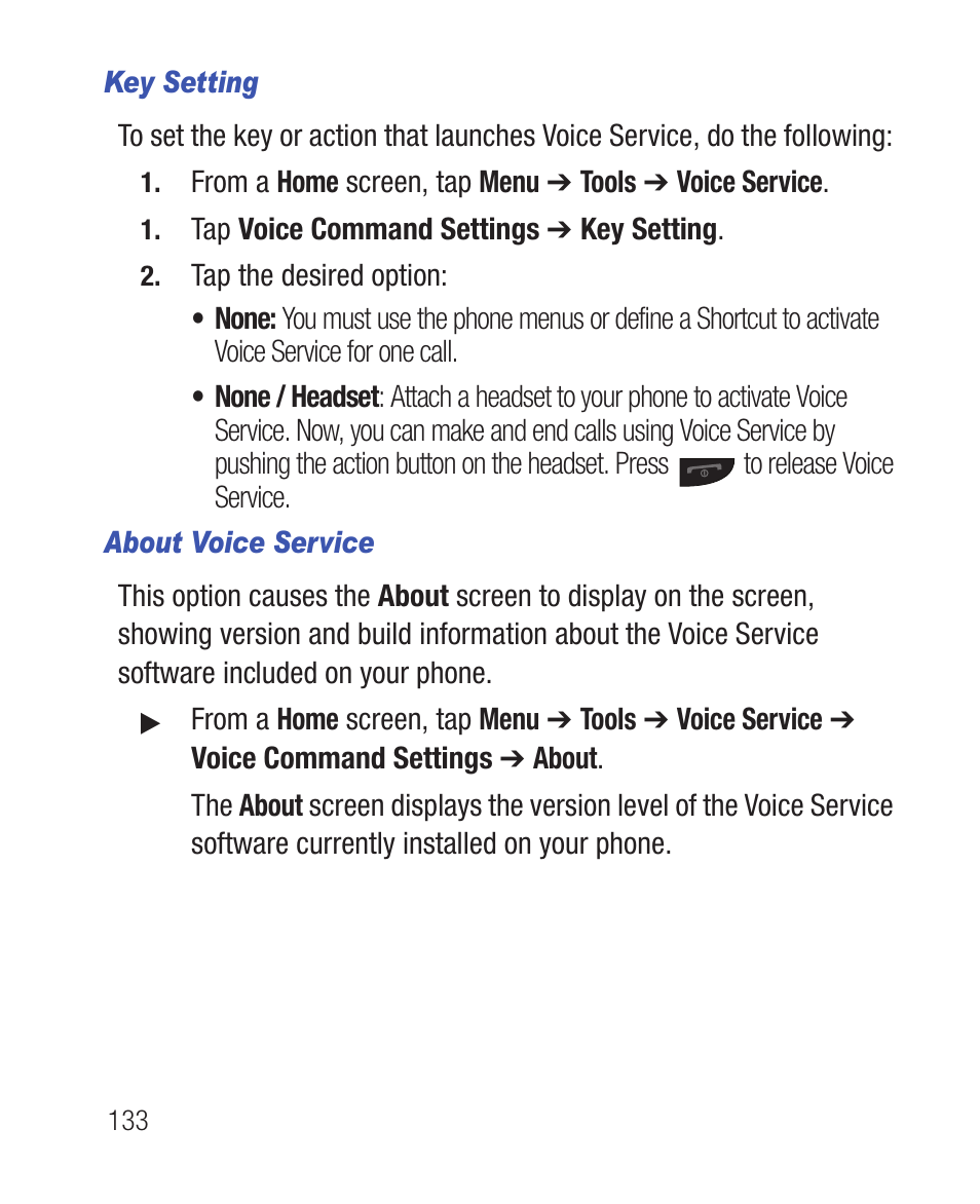 Key setting, About voice service, The phone. (for | Samsung SWC-R640LBAXAR User Manual | Page 138 / 250