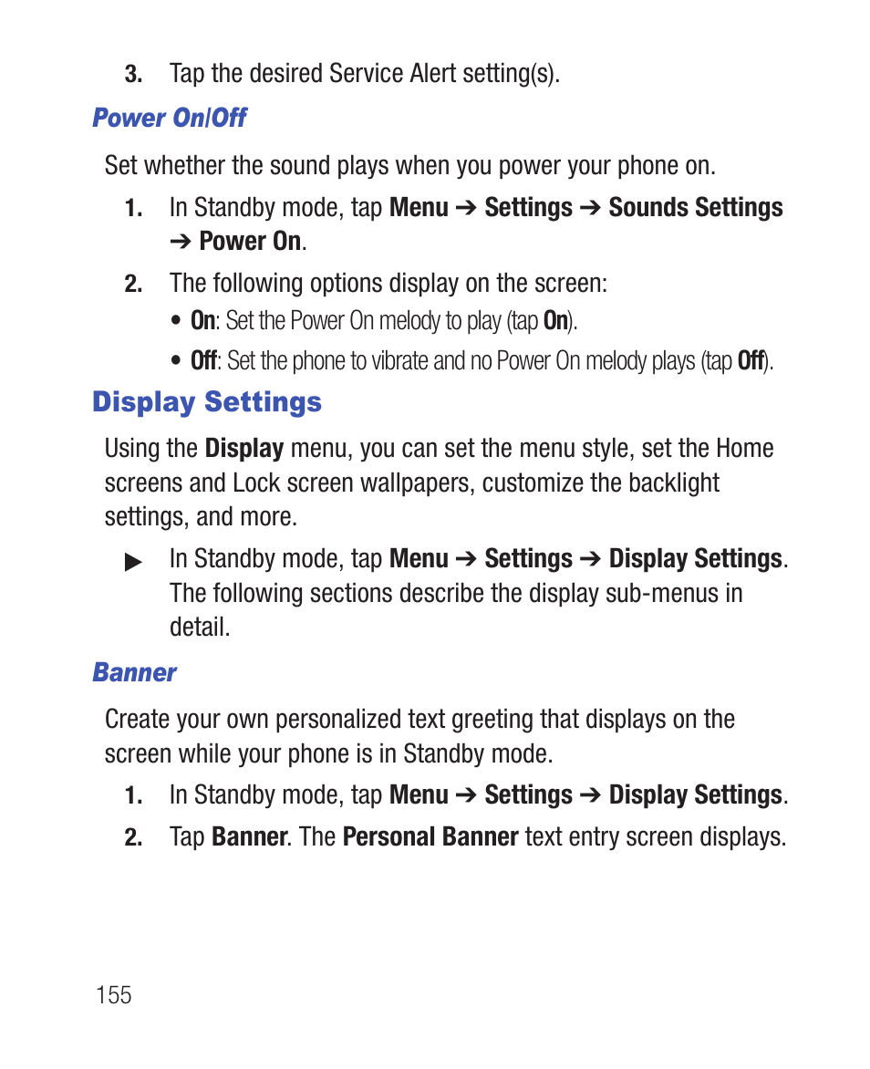 Power on/off, Display settings, Banner | Samsung SWC-R640LBAXAR User Manual | Page 160 / 250