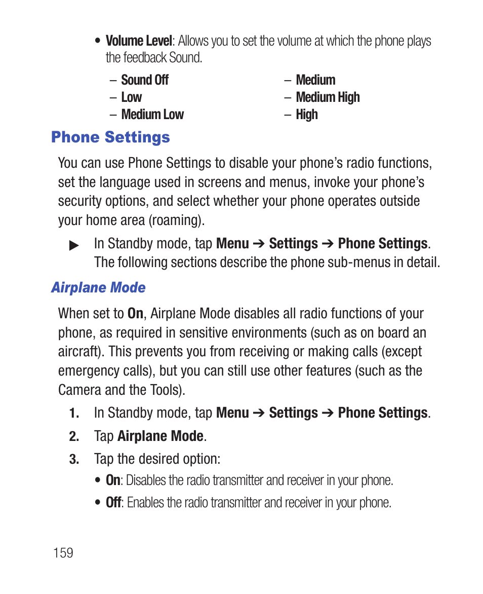 Phone settings, Airplane mode | Samsung SWC-R640LBAXAR User Manual | Page 164 / 250