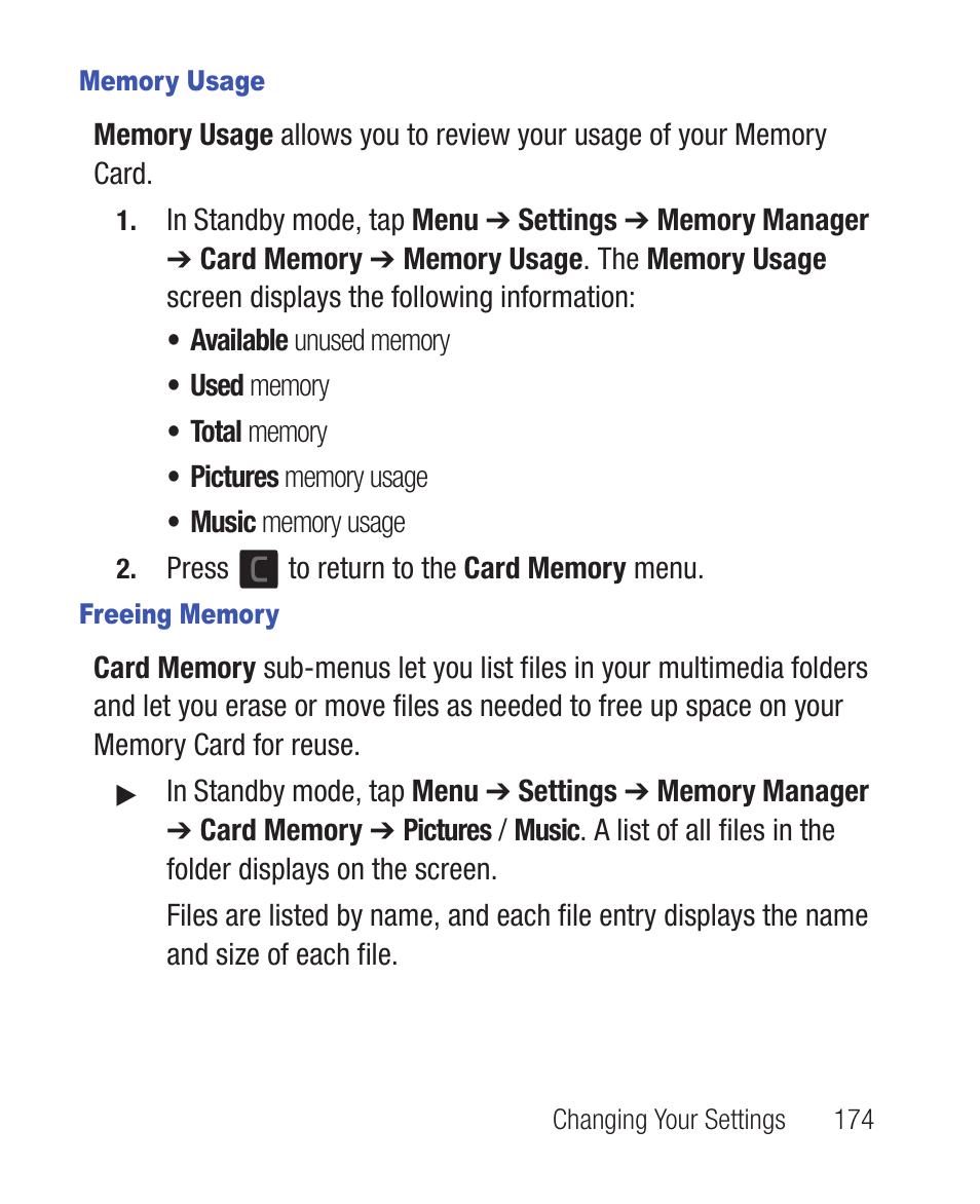 Memory usage, Freeing memory | Samsung SWC-R640LBAXAR User Manual | Page 179 / 250