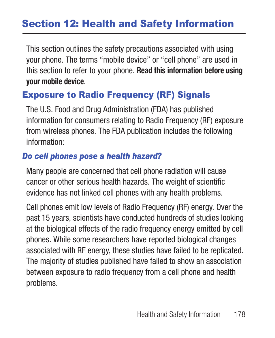 Section 12: health and safety information, Exposure to radio frequency (rf) signals, Do cell phones pose a health hazard | Samsung SWC-R640LBAXAR User Manual | Page 183 / 250