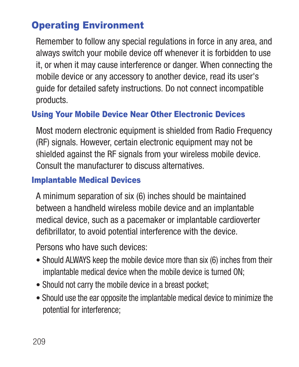Operating environment, Implantable medical devices | Samsung SWC-R640LBAXAR User Manual | Page 214 / 250
