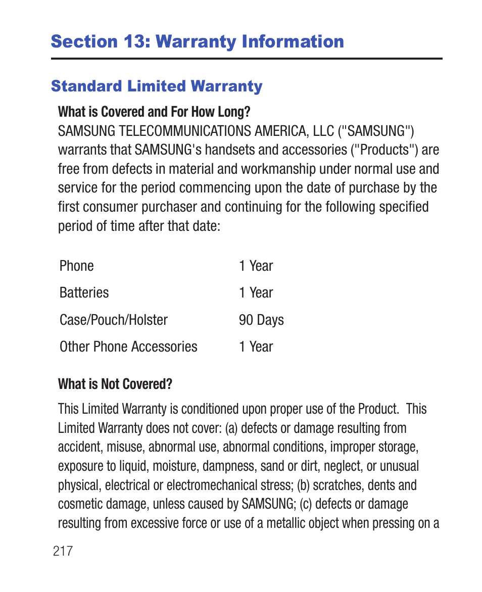 Section 13: warranty information, Standard limited warranty | Samsung SWC-R640LBAXAR User Manual | Page 222 / 250