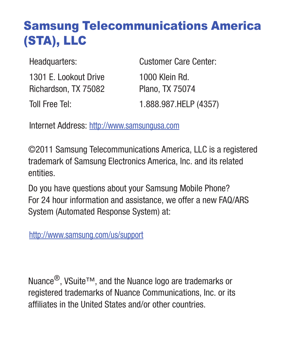 Samsung telecommunications america (sta), llc | Samsung SWC-R640LBAXAR User Manual | Page 3 / 250