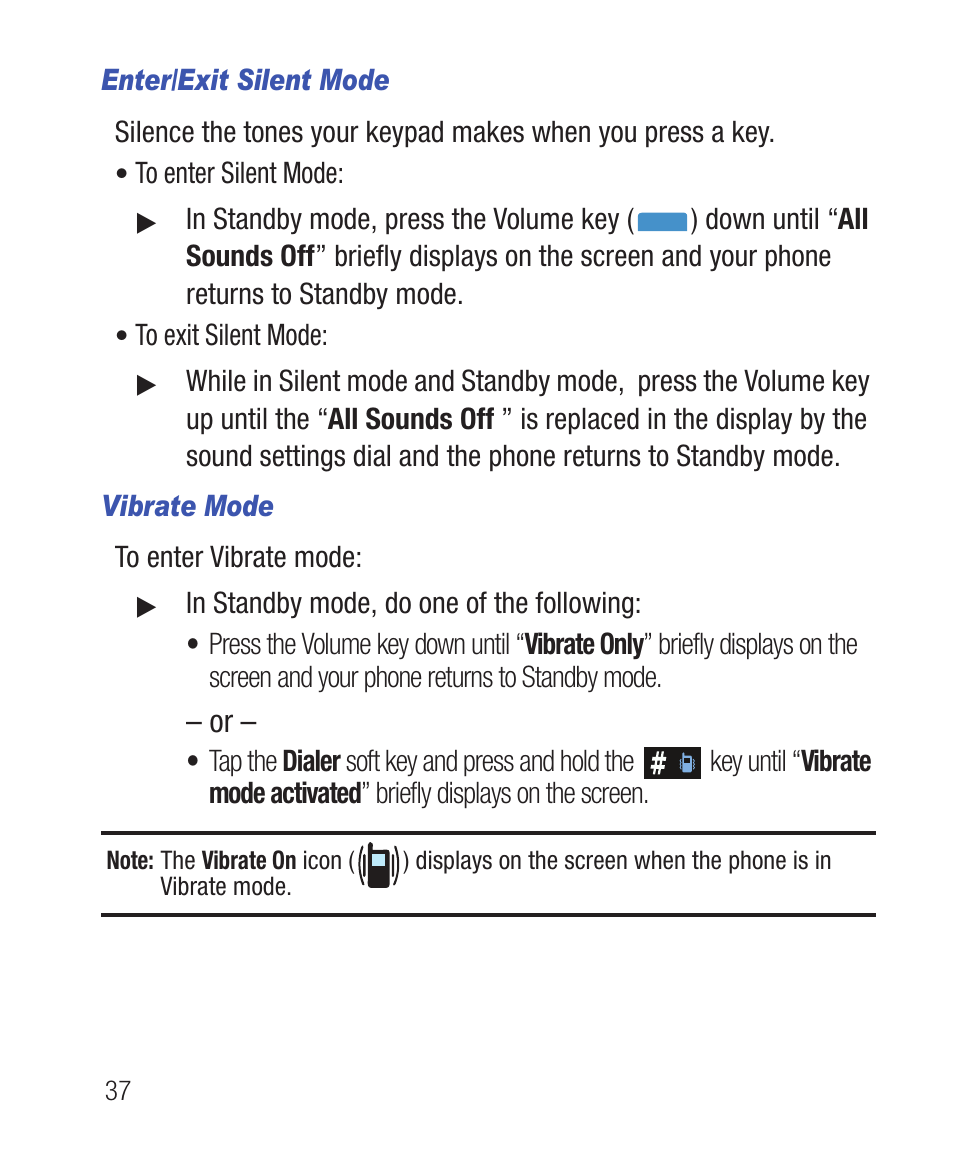 Enter/exit silent mode, Vibrate mode | Samsung SWC-R640LBAXAR User Manual | Page 42 / 250