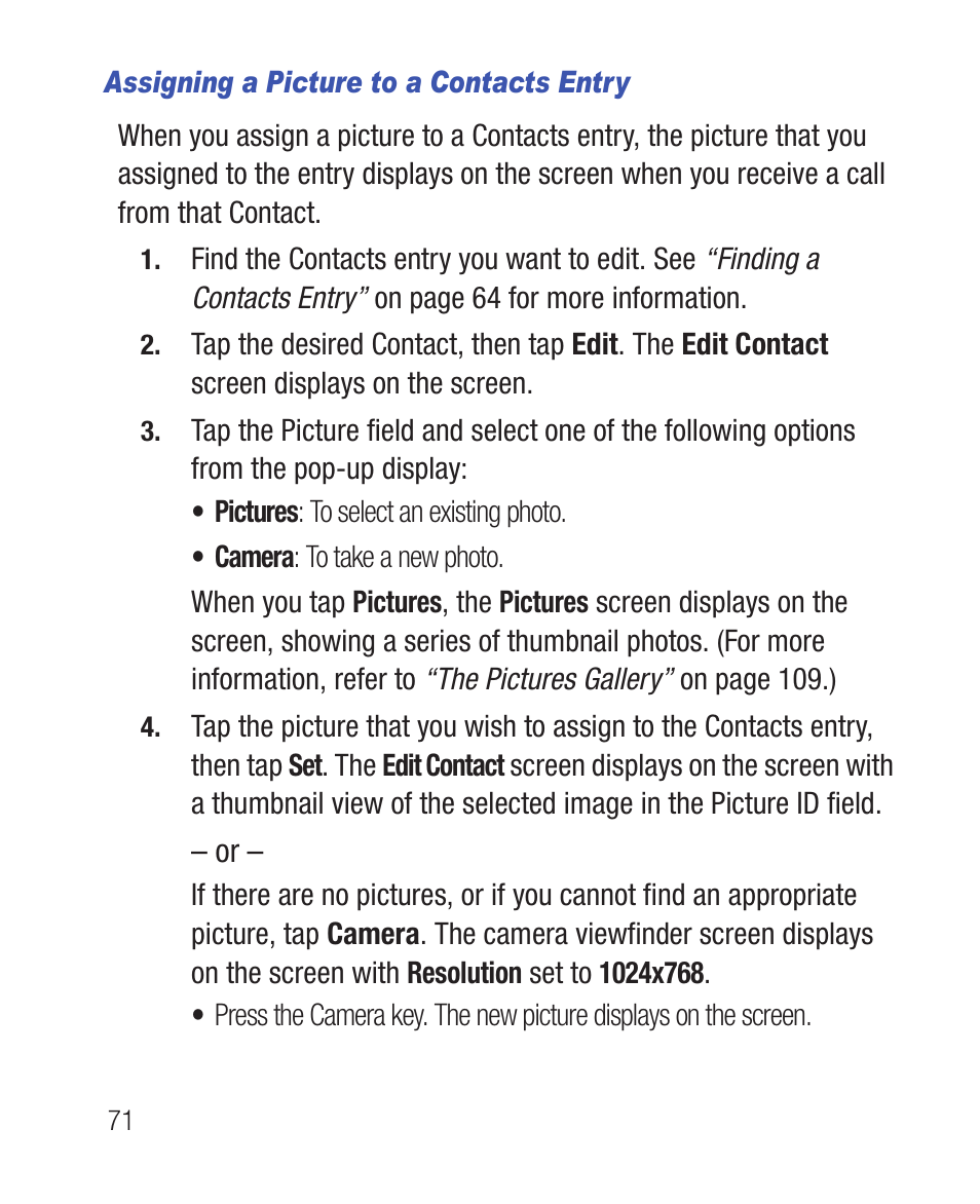 Assigning a picture to a contacts entry | Samsung SWC-R640LBAXAR User Manual | Page 76 / 250