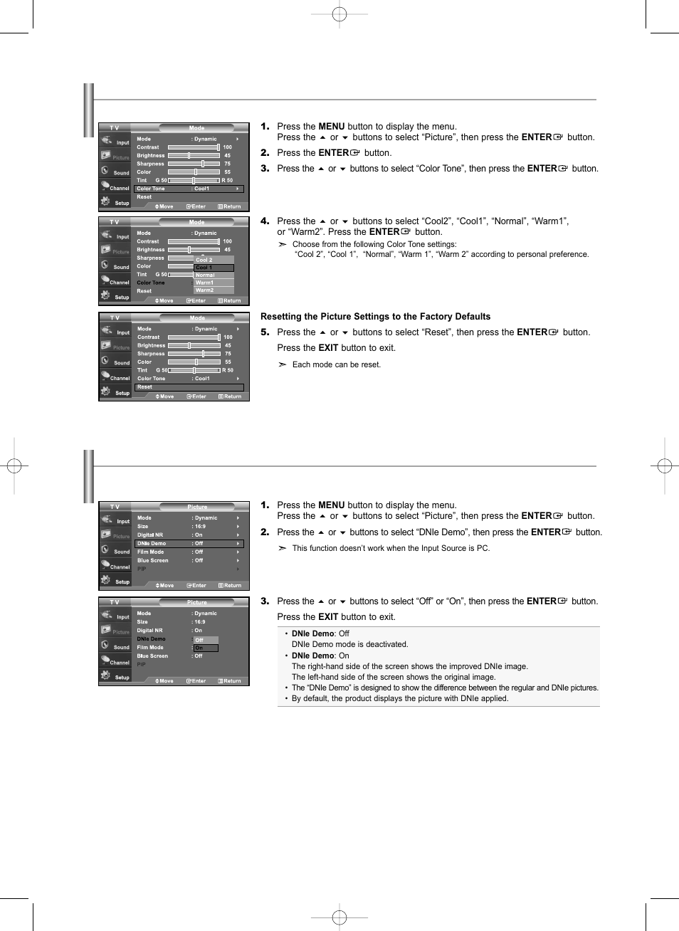 Adjusting the color tone, Dnie demo(digital natural image engine) | Samsung LNS3292DX-XAA User Manual | Page 26 / 183