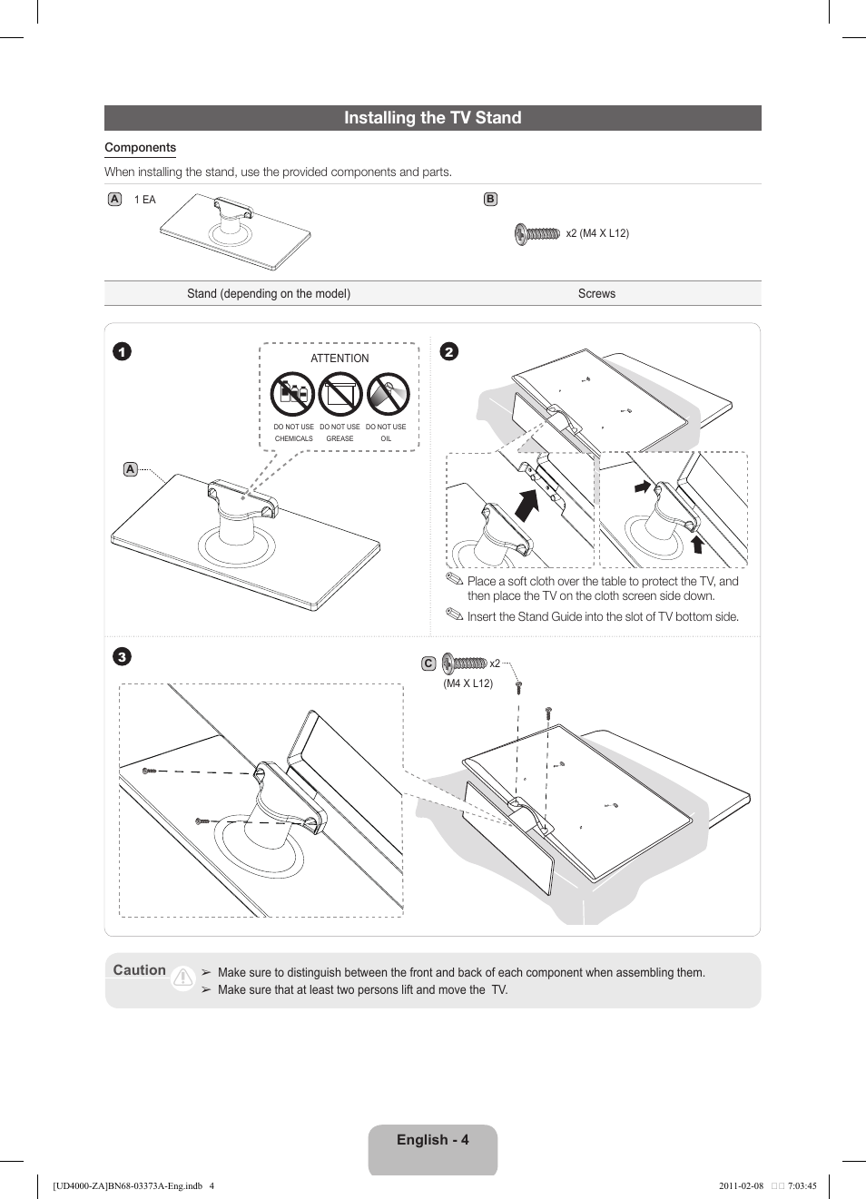Installing the tv stand | Samsung UN19D4000NDXZA User Manual | Page 4 / 19