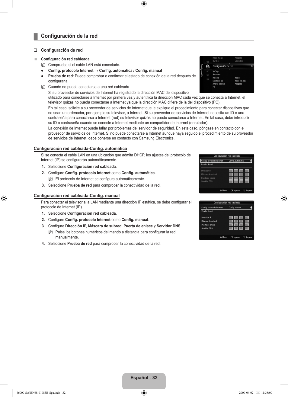 Configuración de la red, Español, Configuración de red | Configuración red cableada-config. automática, Configuración red cableada-config. manual, N● ● n n n | Samsung UN40B6000VFUZA User Manual | Page 116 / 153