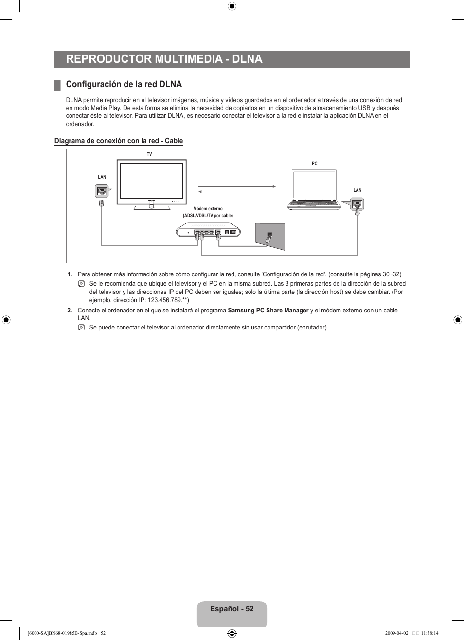 Reproductor multimedia - dlna, Configuración de la red dlna | Samsung UN40B6000VFUZA User Manual | Page 136 / 153