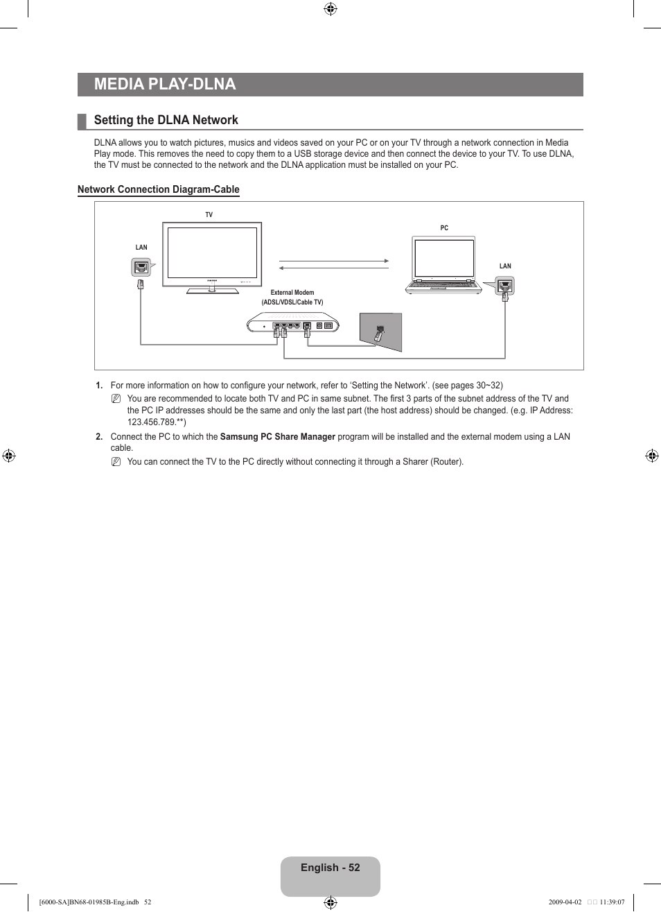 Media play-dlna, Setting the dlna network | Samsung UN40B6000VFUZA User Manual | Page 54 / 153