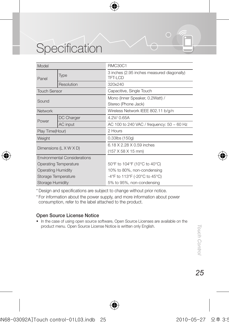 Specifi cation | Samsung UN46C9000ZFXZA User Manual | Page 25 / 74